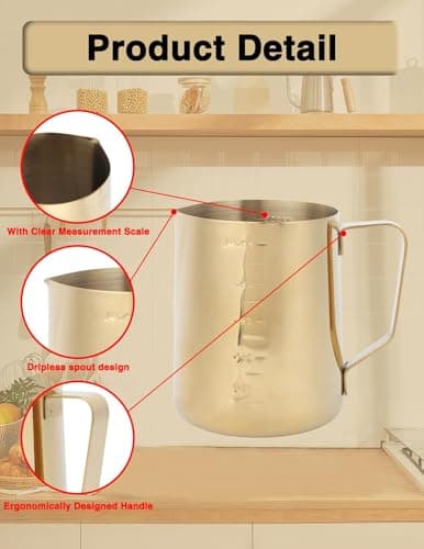 Stainless Steel 20 oz Gold Milk Frother with Cup & Handle, Perfect for Latte Art
